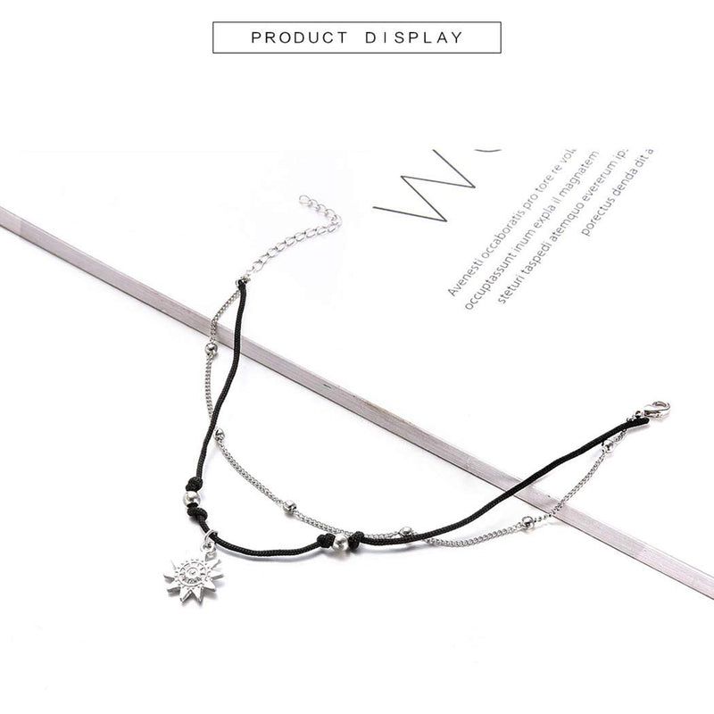 [Australia] - YBSHIN Retro Double Anklet Silver Sun Ankle Bracelet Chain Weave Rope Pendant Foot Jewelry for Women and Girls 