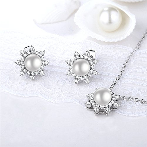 [Australia] - efigo Simple Sterling Silver Pearl Jewelry Set for Women Necklace Earring Set Wedding Bridal Jewelry Sets 4 
