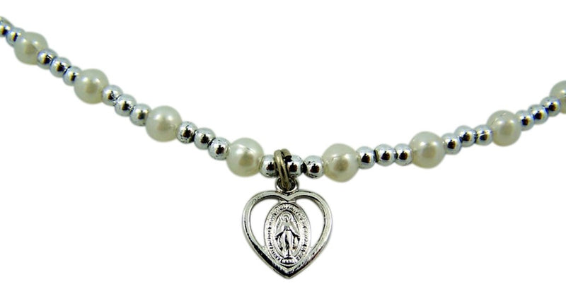 [Australia] - White Bead Silver Tone Miraculous Medal Heart Necklace, 16 Inch 