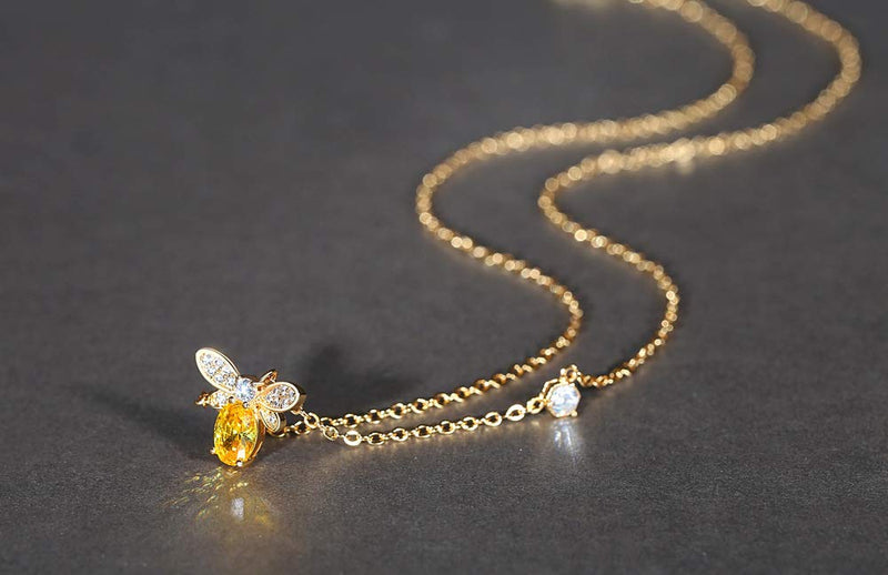 [Australia] - Hypoallergenic 14K Yellow Gold Dainty Cute Amber Lovely Tiny Honey Crystal Cubic Zirconia Bee Pendant Necklace for Women Teen Girls 