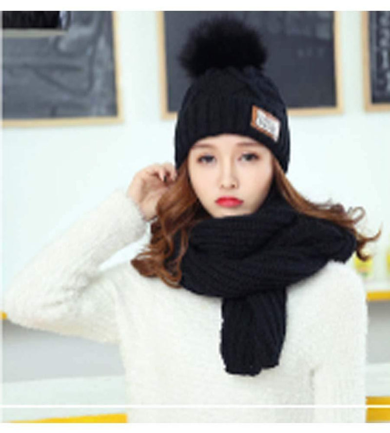 [Australia] - Women's Thermal Fleece Lined Cable Knit Hat with Neckchief 2 in 1 Hoodie Hat with Scarf Winter Warm Earflap Knitted Wool Cap Outdoor Cycling Camping Skiing Sknowboarding Xmas Birthday Gifts black-B 