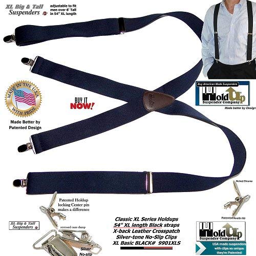 [Australia] - Holdup Classic Series Basic Black XL Big and Tall X-back Suspenders with Patented No-slip Silver Clips 