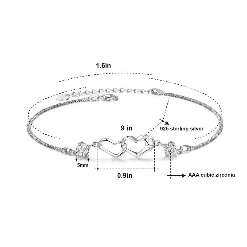 [Australia] - EVERU Sterling Silver Heart Anklet Bracelet Never Separated Symbol Charm Adjustable Large Bracelets for Women 