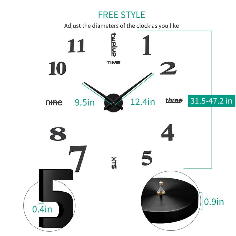 [Australia] - Aililife 3D DIY Wall Clock Decor Sticker Mirror Frameless Large DIY Wall Clock Kit for Home Living Room Bedroom Office Decoration (Black) Black 