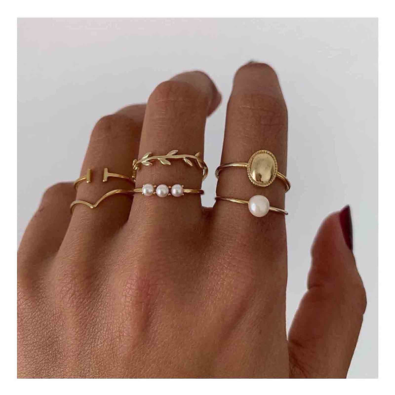 [Australia] - Yheakne Boho Stacking Rings Set Gold Pearl Knuckle Rings Minimalist Midi Finger Rings Carved Joint Rings Set for Women and Girls Style A 