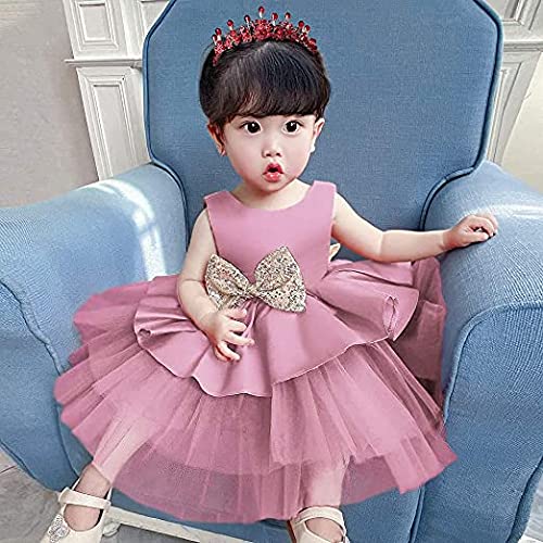 [Australia] - TUIJI 6M-5T Baby Girls Backless Pageant Wedding Party Sequins Bowknot Flower Dresses with Headwear Bean Powder 6-12 Months 