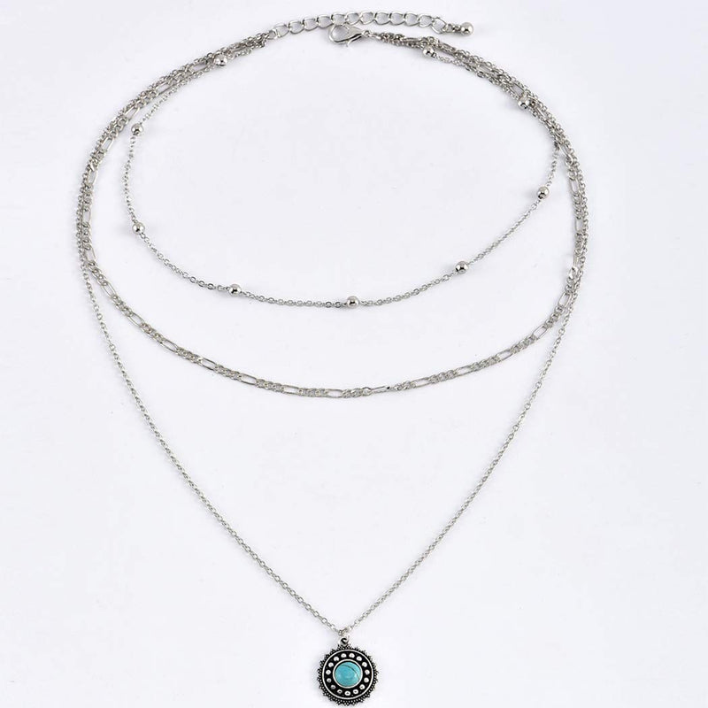 [Australia] - Jozape Boho Layered Necklace Silver Turquoise Pendant Necklace Beaded Necklace Jewelry Chain for Women and Girls 