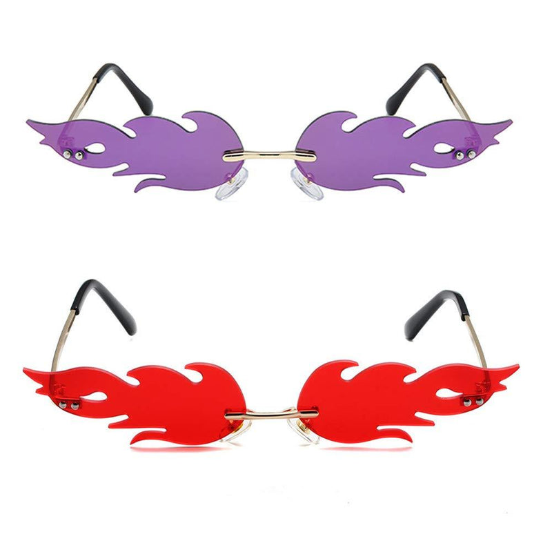 [Australia] - Grainas Fire Flame Sunglasses Mirrored Rimless with Metal Frame Glasses for Women Men Purple + Red 