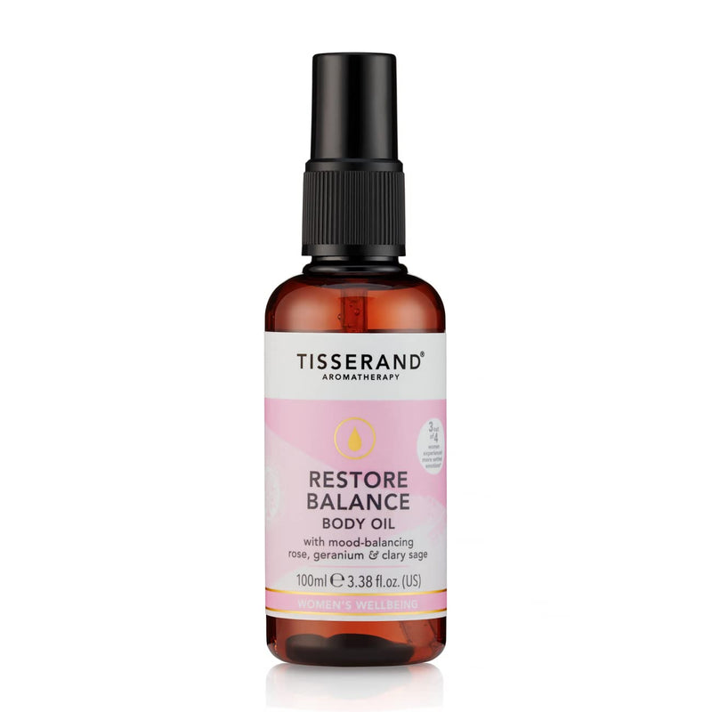 [Australia] - Tisserand Aromatherapy - Restore Balance Body Oil - Perimenopause, Menopause & Menstruation Support for Women - Rose, Clary Sage & Geranium - 100% Natural Essential Oils - 100ml 