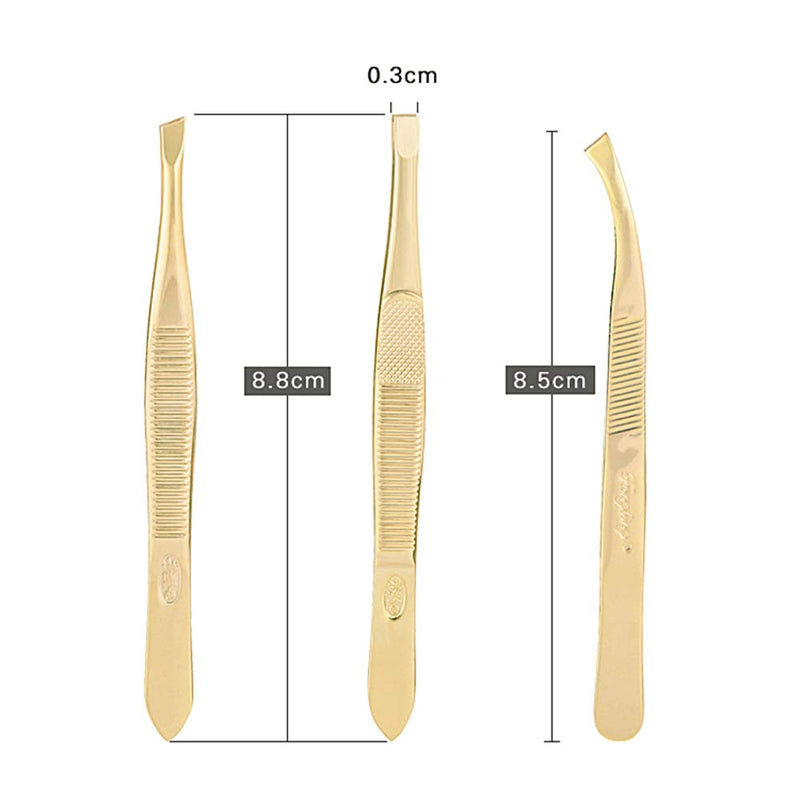 [Australia] - Tvoip 3Pcs Eyebrow Tweezer Golden Stainless Steel Slant/Flat Tip Curved Forceps Hair Removal Cosmetic Makeup Tool Kit Face Trimmer 
