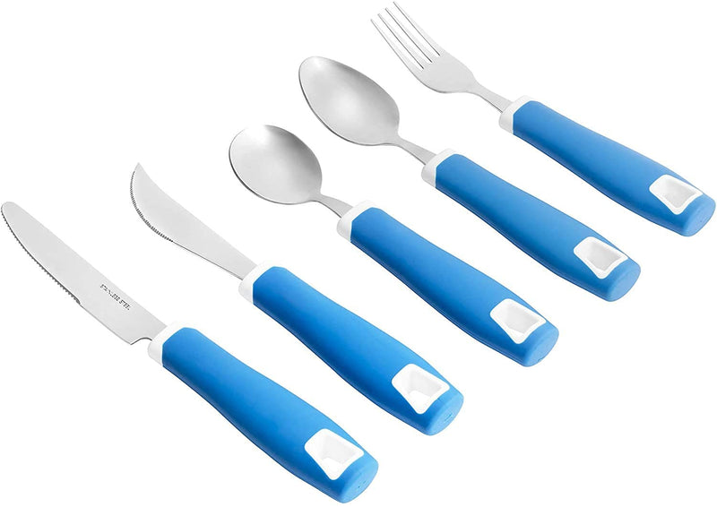 [Australia] - Special Supplies Adaptive Utensils 5-Piece Set Non-Weighted, Non-Slip Handles for Hand Tremors, Arthritis, Parkinson’s or Elderly Use - Stainless Steel Knife, Rocker Knife, Fork, Spoons - Blue 