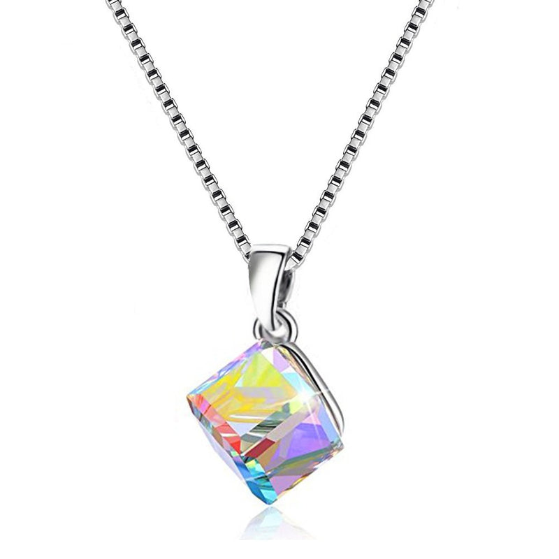 [Australia] - Uloveido Girl's Square Cube Authentic Austrian Crystal Hook Earrings and Rainbow Necklace Sets for Women - 925 Sterling Silver Wedding Engagement Jewelry Sets Box Packing Y418 Rainbow Set 