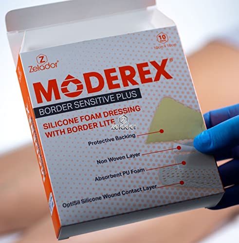 [Australia] - Silicone Lite Foam Dressing (Moderex Border Sensitive Plus) with Border for Light to Moderate exuding Wounds for Sensitive Skin (10x10cm x 10) 10x10cm x 10 