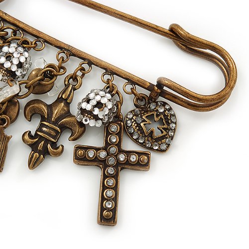 [Australia] - Avalaya 'Crosses, Hearts & Skulls' Charm Safety Pin Brooch in Bronze Finish Metal - 