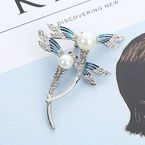 [Australia] - WLLAY Silver Tone Couple Dragonfly with White Pearl Brooch Blue Enamel Insect Pin Broach 