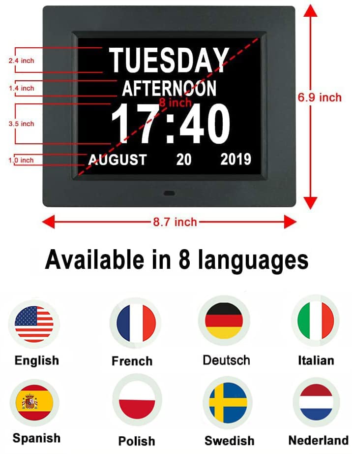 [Australia] - Digital Day Calendar Clock Non-Abbreviations Day Date Time 8 Alarm Options Dementia Alzheimer Impaired Vision Memory Loss Clocks for Senior Elderly 8 Inch Black 