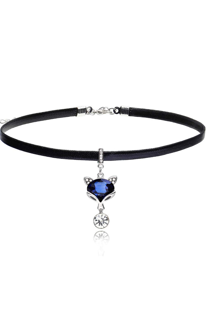[Australia] - EMONJAY Black Leather Rope Choker Necklace Blue Fox Clavicle Chain Classic Lucky Animal Pendant 