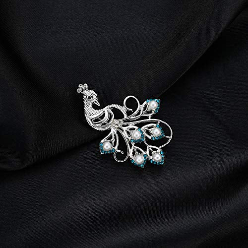 [Australia] - MIXIA Luxury Peacock Pearl Brooches Elegant Blue Crystal Animal Brooches Silver Enamel Pin Brooches for Women (Silver) 