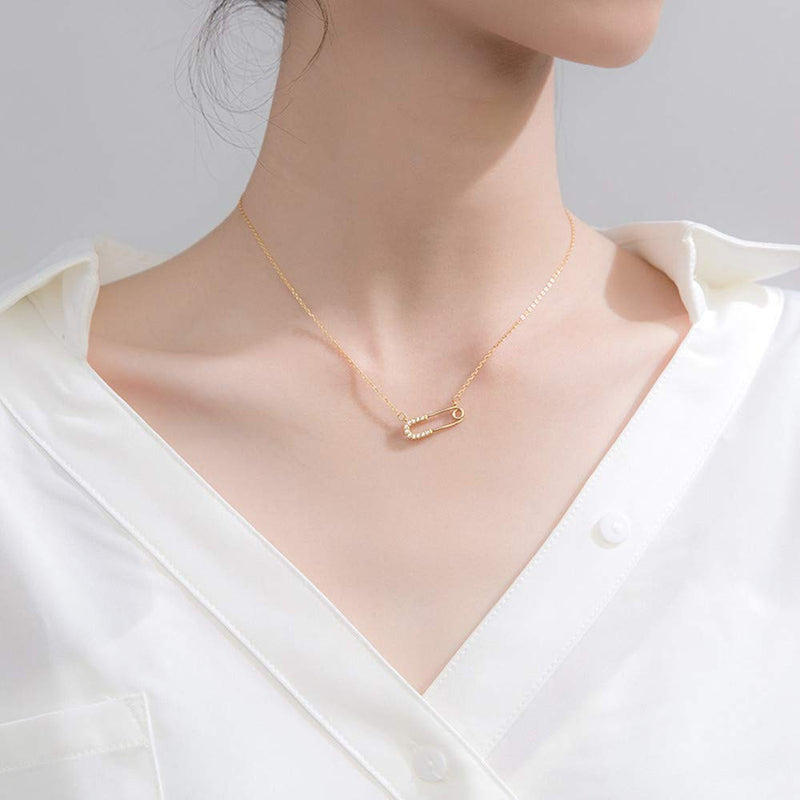 [Australia] - Crystal Paperclip Safety Pin Pendant Choker Necklace for Women Girls 925 Sterling Silver 14K Gold Plated Dainty CZ Diamond Clip Drop Adjustable Chain Personalized Jewelry Fashion Gifts Box BFF 