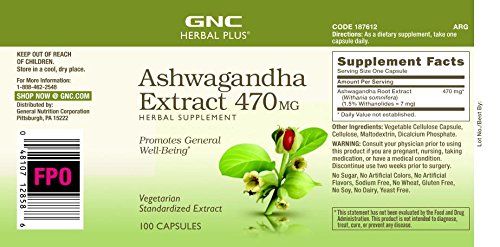 [Australia] - GNC Herbal Plus Ashwagandha Extract 470mg, 100 Capsules, Promotes General Well-Being 