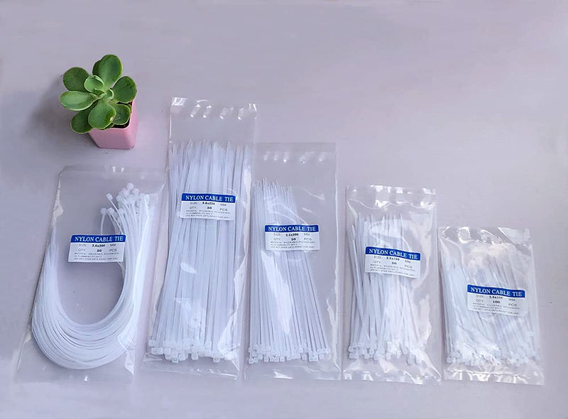 [Australia] - Oksdown 300pcs White Zip Ties Assorted Sizes 4/6/8/10/12 Inch Clear Plastic cable ties from Small to Large Heavy Duty Nylon tie Wraps Multi-Purpose Variety Wire Ties 