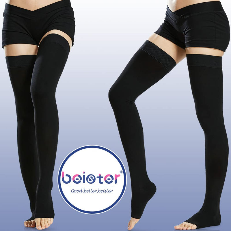 [Australia] - Beister 1 Pair Medical Open Toe Thigh High Compression Stockings with Silicone Band for Women & Men, Firm 20-30 mmHg Graduated Support for Varicose Veins, Edema, Flight. Black Large (Pack of 1) 