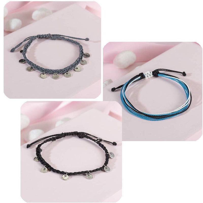 [Australia] - FANCY SHINY String Ankle Bracelets Waterproof Rope Anklets Braided Beach Boho Coin Anklets Cute Friendship Foot Jewelry for Women Teen Girls Black Gray Disc 