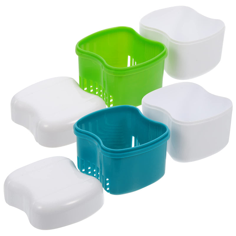 [Australia] - Healifty Denture Cup with Strainer Basket False Teeth Storage Dental Box with Lid Bath Cleaning Soaking Cup Travel Mouth Guard Case 2 Pcs (Green+ Glue) Green + Glue 
