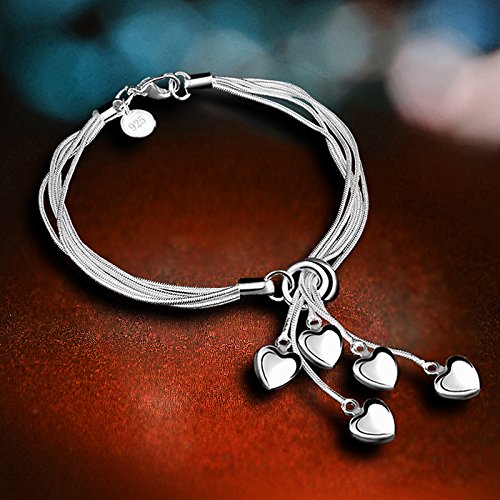 [Australia] - 925 Sterling Silver Five-Line Chain with Five-Heart Bracelet Bangle 