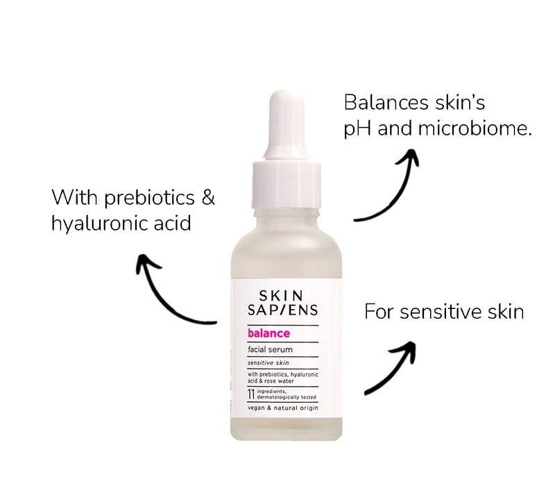 [Australia] - SKIN SAPIENS BALANCE Facial serum with prebiotics and hyaluronic acid to balance face microbiome, natural Ecocert Cosmos, for men and women, Cruelty Free and Vegan Skincare for sensitive skin, 30 ml. 