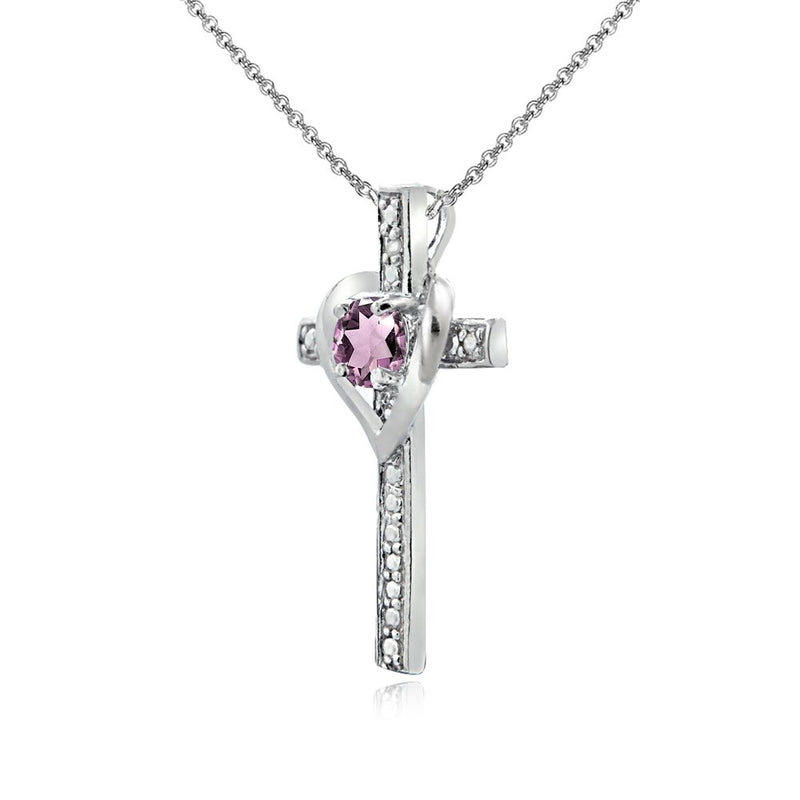 [Australia] - Sterling Silver Gem Cross Heart Pendant Necklace for Teens or Women Purple CZ - Silver 