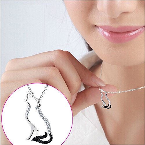 [Australia] - YFN Wolf Pendant Necklace 925 Sterling Silver Cubic Zirconial Wolf Moon Necklace 18" Birthday Day Jewelry for Girlfriend Wife Black Cz Wolf Necklace 