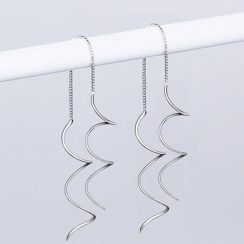 [Australia] - Yaneno 925 Sterling Silver Fresh Style Threader Pull Through Dangle Earrings Curve Twist for Women White 