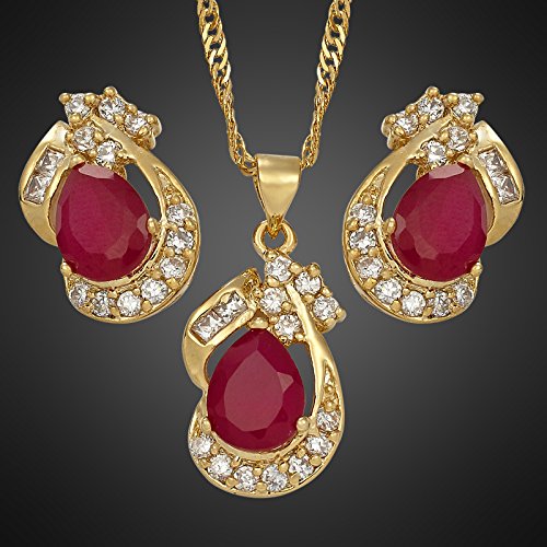 [Australia] - RIZILIA Pear Cut Red Ruby Yellow Gold Plated Jewelry Set, Pendant with 18" Chain Stud Earrings 