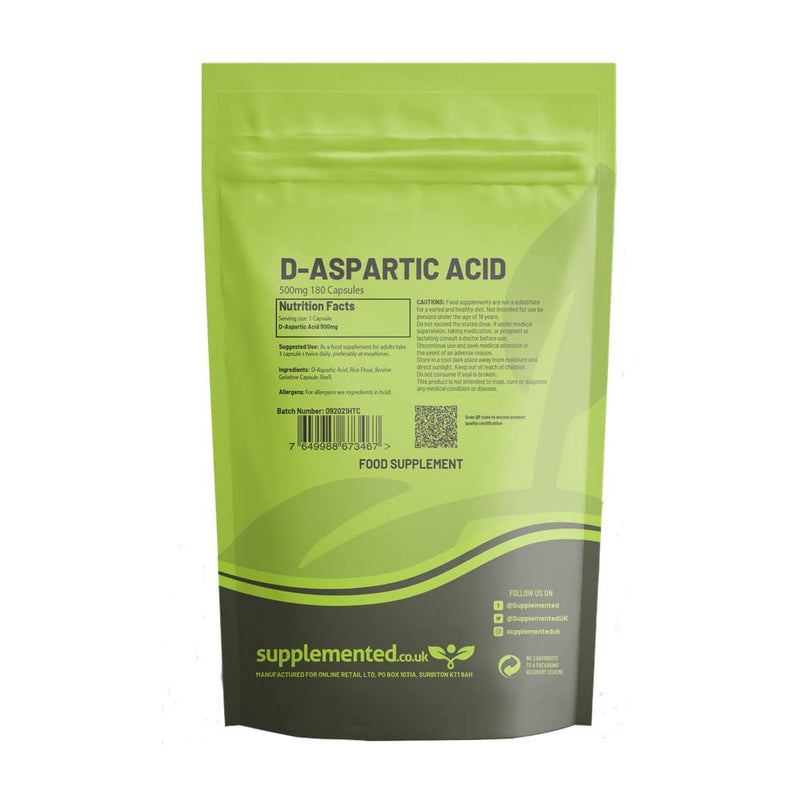 [Australia] - D Aspartic Acid DAA 500mg 180 Capsules UK Made. Pharmaceutical Grade 