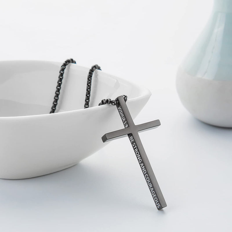[Australia] - Joshua 1:9 Cross Pendant Strength Bible Verse Stainless Steel Necklace Black 