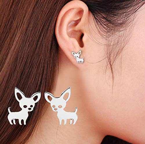 [Australia] - Eiffy Cartoon Chihuahua ECG Heartbeat Puppy Dog Earrings Pendant Necklace Pet Animal Hypoallergenic Jewelry for Women Silver E 