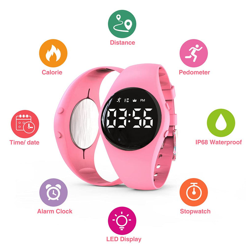 [Australia] - Led Digital Pedometer Watch , Digital Steps Tracker , Non-Bluetooth, Vibrating Alarm Clock, Stopwatch, Great Gift for Children Teens Girls Boys Women Pink 