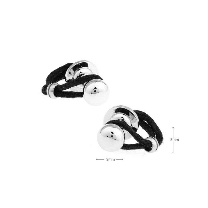 [Australia] - Sphere Cylinder Cuff Links Black Leather Braided Silver Cufflinks 