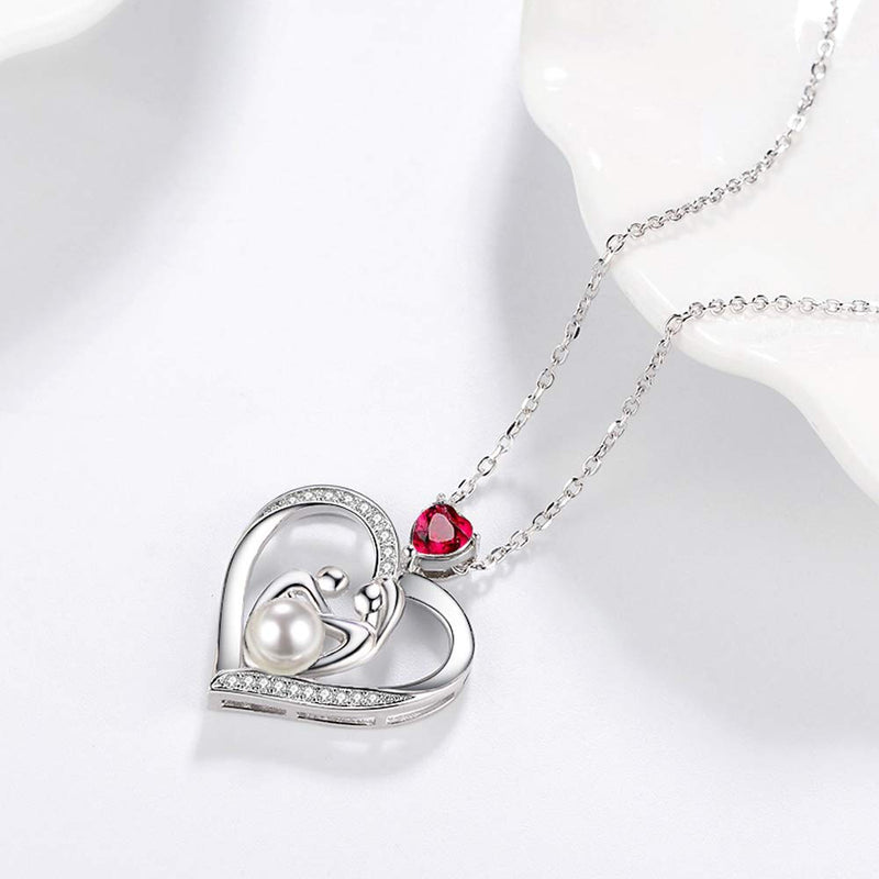 [Australia] - Birthday Gifts for Mom Ruby Necklace for Mother Daughter Pearl Jewelry Sterling Silver Mother and Child Heart Jewelry Gifts for Wife Anniversary 