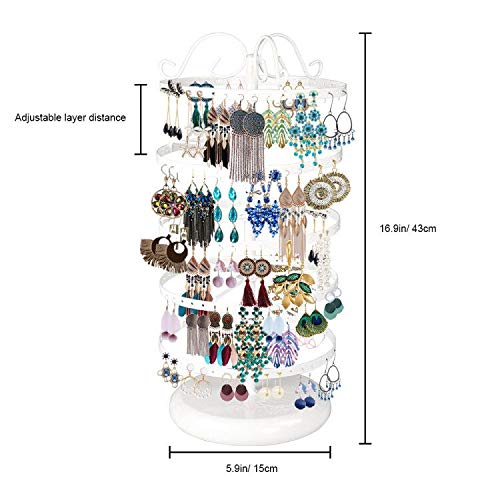 [Australia] - 5 Tiers Metal Rotating Earring Holder Organizer, TANOKY Exquisite Jewelry Display Stand Necklace Rack Holder, 220 Holes for Earrings- 14x6.3 Inch (White) White 