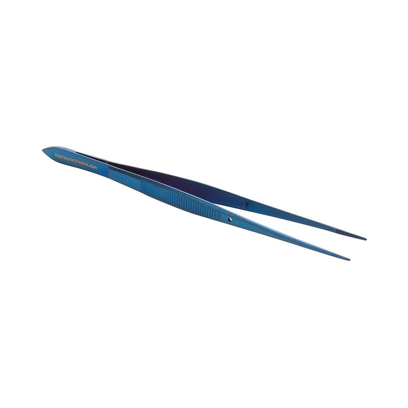 [Australia] - Perfect Point 6.3 Inch Food Tweezer, 1 Straight Kitchen Tweezer - Fine Point, Serrated Tips For Precision, Blue Stainless Steel Cooking Tweezer, For Seafood, Plating, or Decorating - Restaurantware 