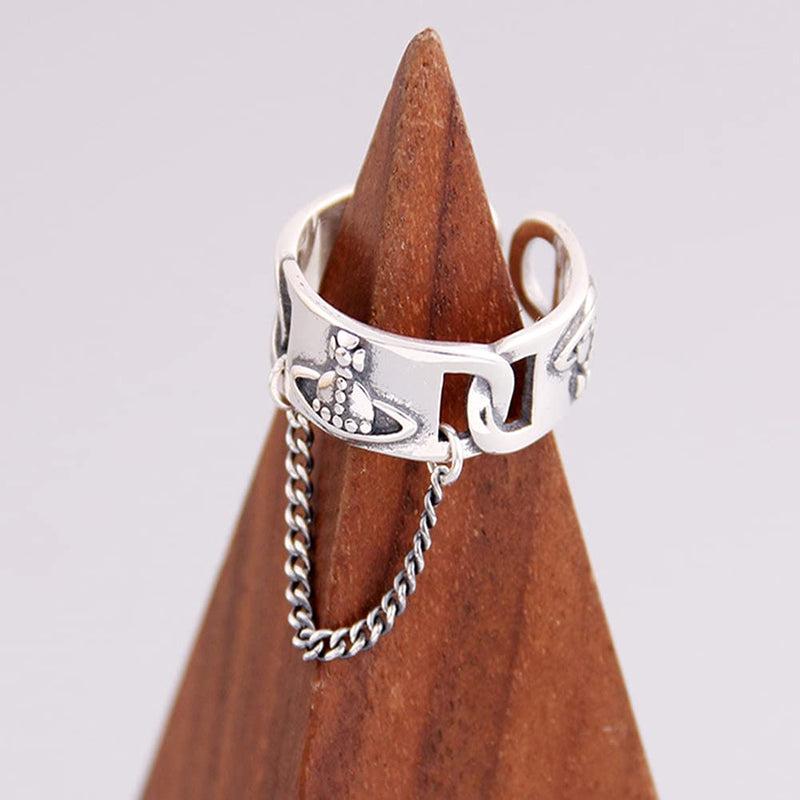 [Australia] - Beccalame Saturn Chain Sterling Silver Adjustable Ring Y2K Edgy Rings Fashion Handmade Jewelry Gift For Women Men Tassel Dangling Chain Ring 