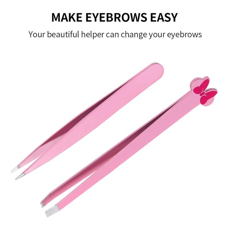 [Australia] - Eyebrow Tweezers Set - Professional Stainless Steel Slant Tip And Pointed Tweezer With Travel Case Great Precision - Perfect For Facial Hair,Ingrown Hair,Splinter,Blackhead Remover - EMEOW (Pink) Pink 