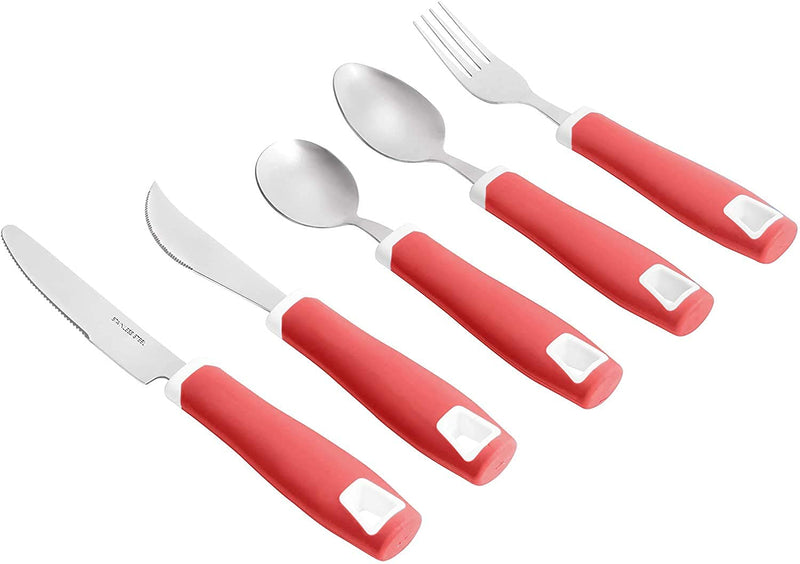 [Australia] - Special Supplies Adaptive Utensils 5-Piece Set Non-Weighted, Non-Slip Handles for Hand Tremors, Arthritis, Parkinson’s or Elderly Use - Stainless Steel Knife, Rocker Knife, Fork, Spoons - Red 
