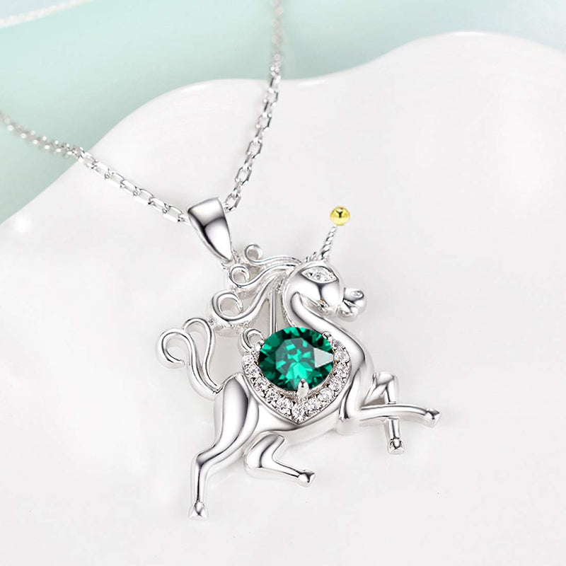 [Australia] - Birthday Gifts for Daughter Green Emerald Jewelry Unicorn Necklace for Teen Girls Granddaughter Sterling Silver Animal Necklace Unicorn Green Emerald Necklace 