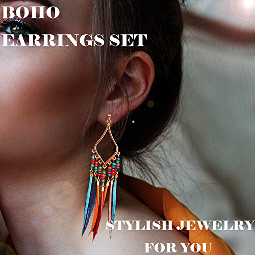 [Australia] - VFlowee Bohemian Earrings Set Feather Tassel Gold Ethnic Retro Boho Dangle Earring Bead Women Teen Girls Jewelry for Birthday Party Gifts 