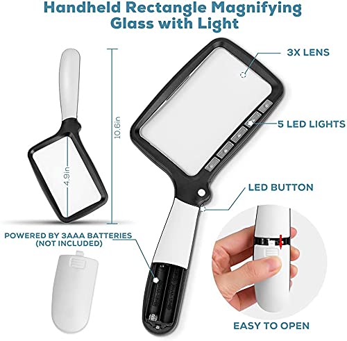 [Australia] - WJINNG Folding Magnifying Glass with Light, Large Hand Magnifying Glass Handheld Folding Reading Magnifier 3X Magnification with 5 Dimmable LEDs Ideal for Reading Small Prints, Book 