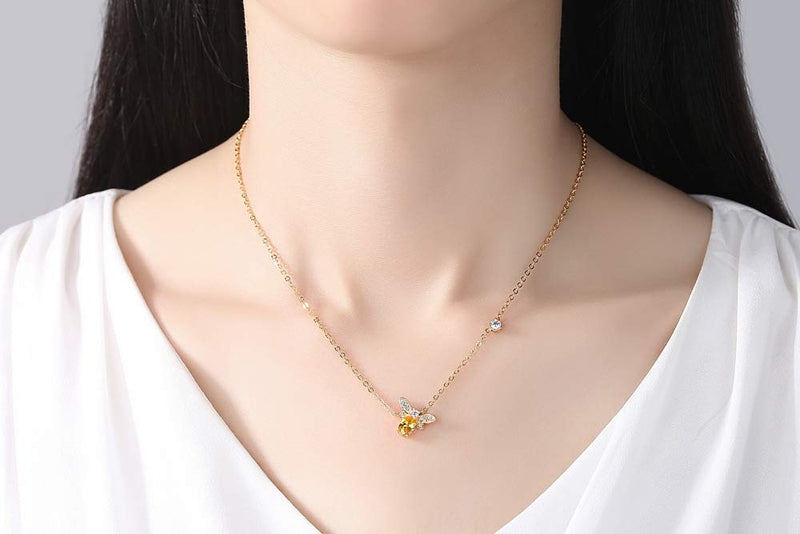 [Australia] - Hypoallergenic 14K Yellow Gold Dainty Cute Amber Lovely Tiny Honey Crystal Cubic Zirconia Bee Pendant Necklace for Women Teen Girls 