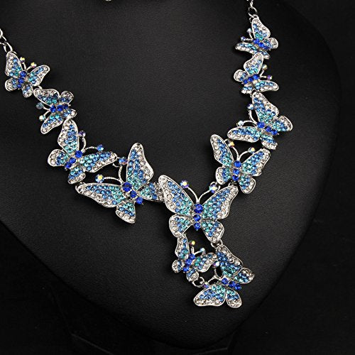 [Australia] - ENUUNO Prom Costume Jewelry Butterfly Crystal Choker Pendant Statement Chain Charm Necklace and Earrings Wedding Jewelry Sets for Brides Blue alloy 